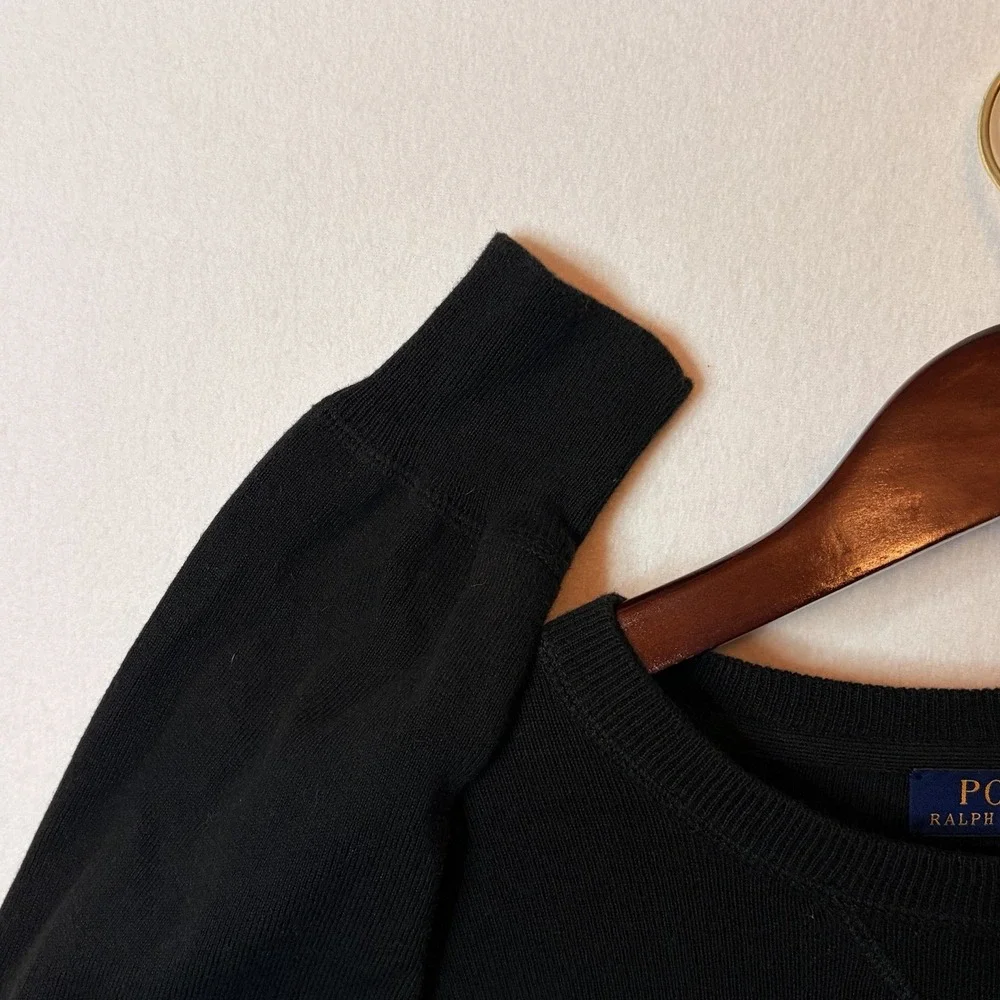 Polo Ralph Lauren Black Cotton Crewneck Sweater Purple Pony Logo Size Medium